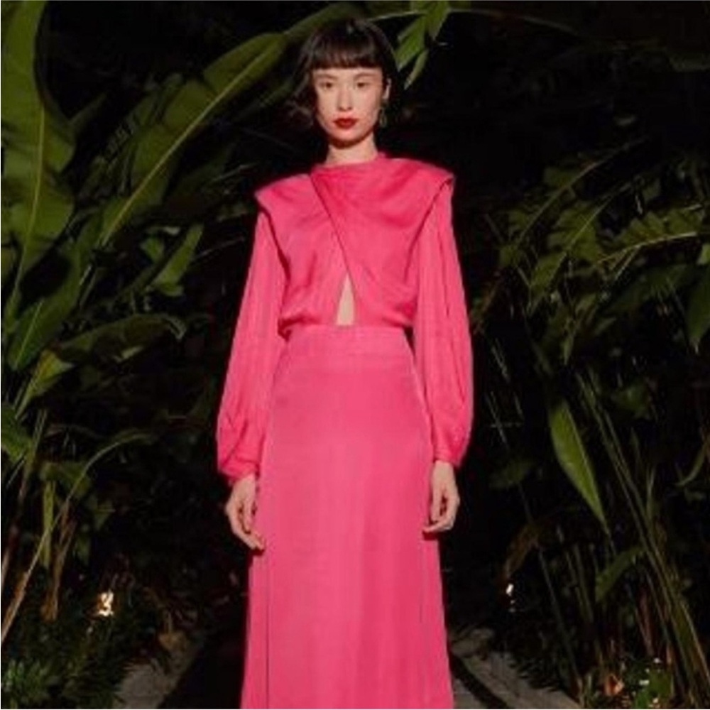 NEW! Farm Rio x Anthropologie Maxi/Midi Pink/ Long-Sleeve Cutout/Keyhole Satin - Picture 5 of 15